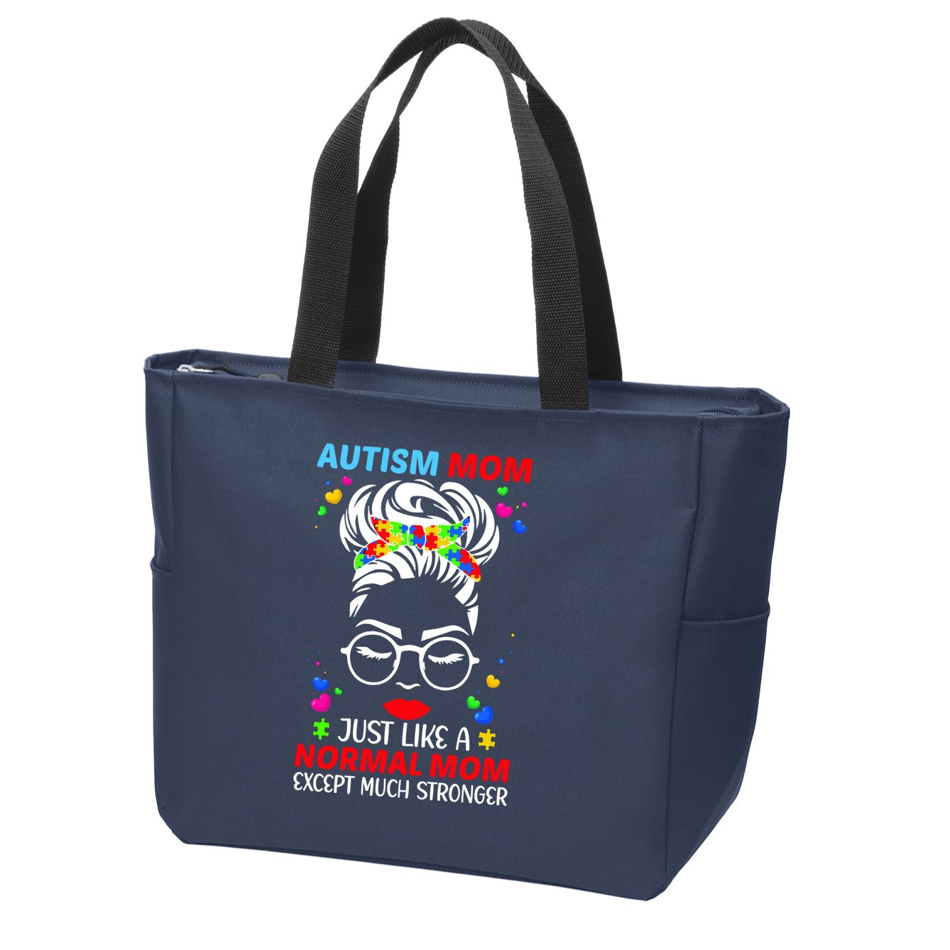 Autism Mom Much Stronger Awareness Messy Bun Puzzle Zip Tote Bag