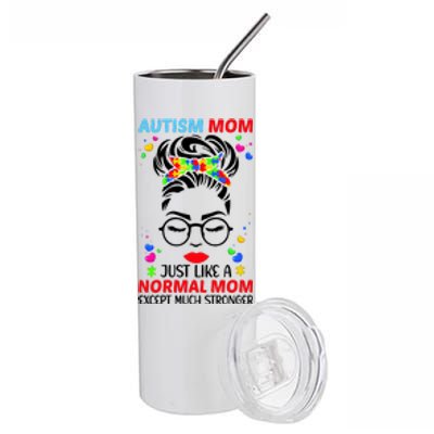 Autism Mom Much Stronger Awareness Messy Bun Puzzle Stainless Steel Tumbler