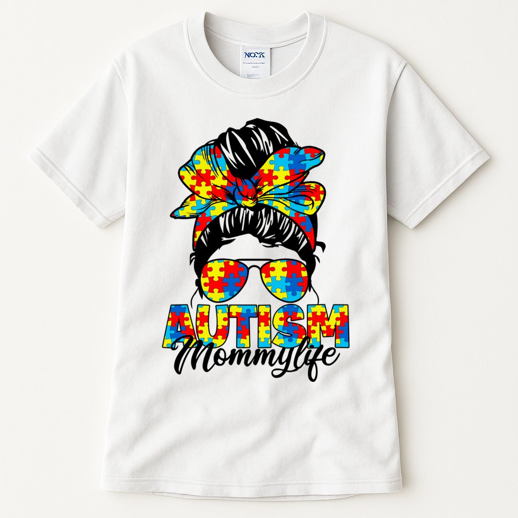 Autism Mommy Messy Bun Sunglasses Bandana Autism Awareness Tall T-Shirt