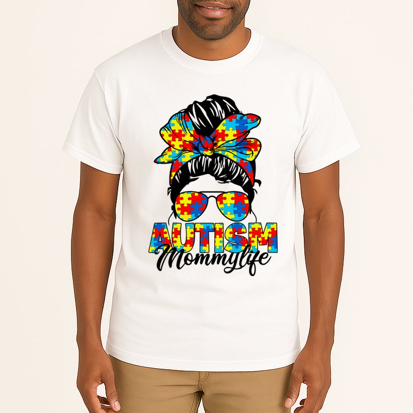 Autism Mommy Messy Bun Sunglasses Bandana Autism Awareness Tall T-Shirt