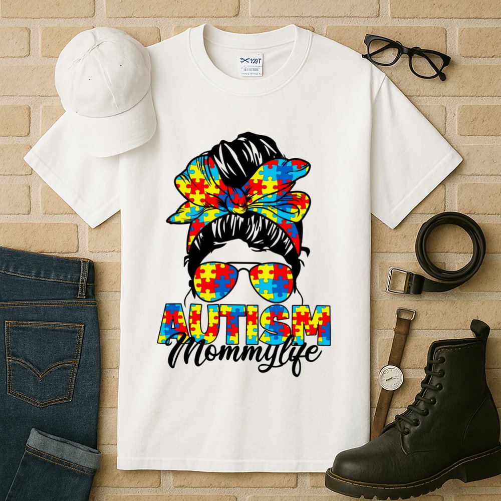 Autism Mommy Messy Bun Sunglasses Bandana Autism Awareness Tall T-Shirt