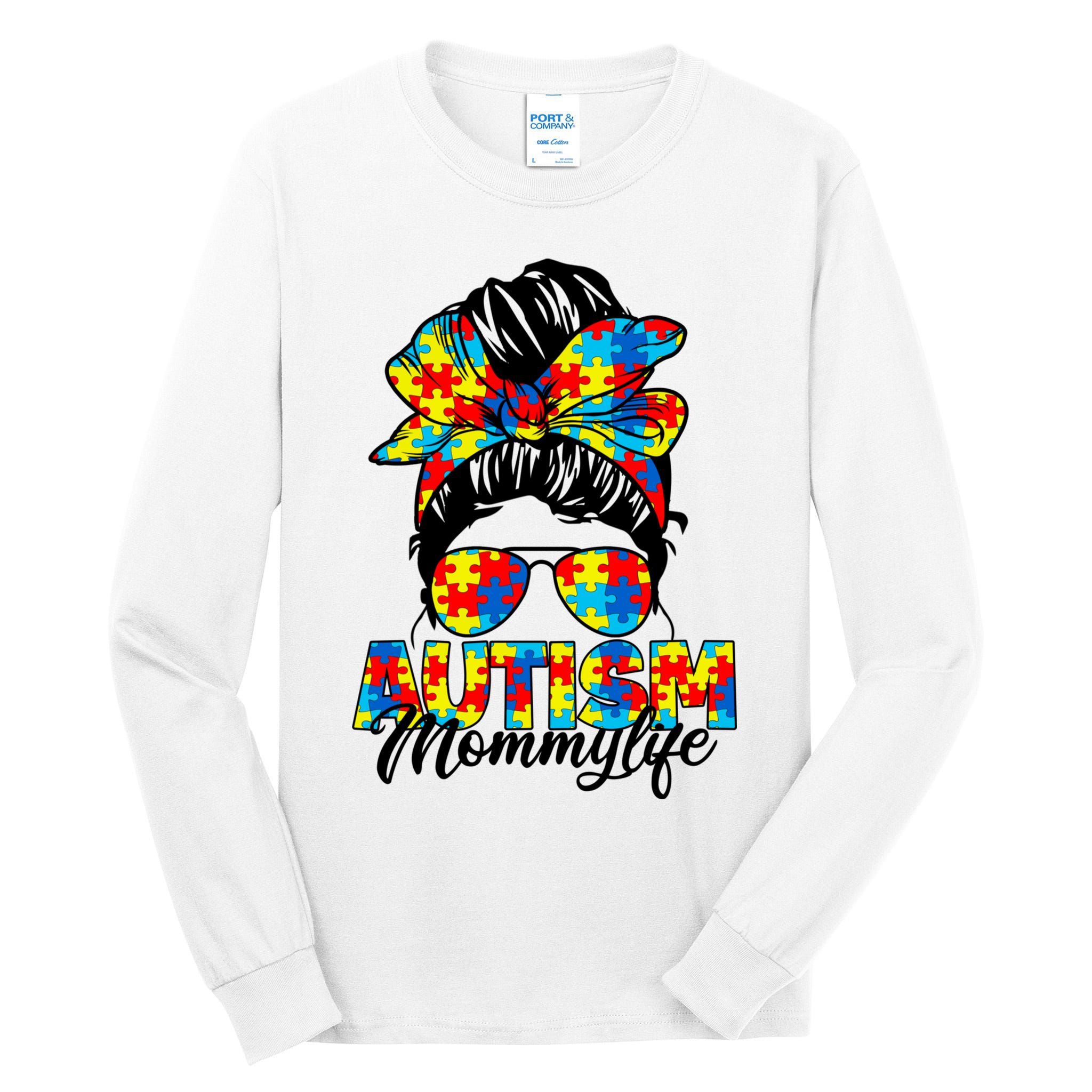 Autism Mommy Messy Bun Sunglasses Bandana Autism Awareness Tall Long Sleeve T-Shirt