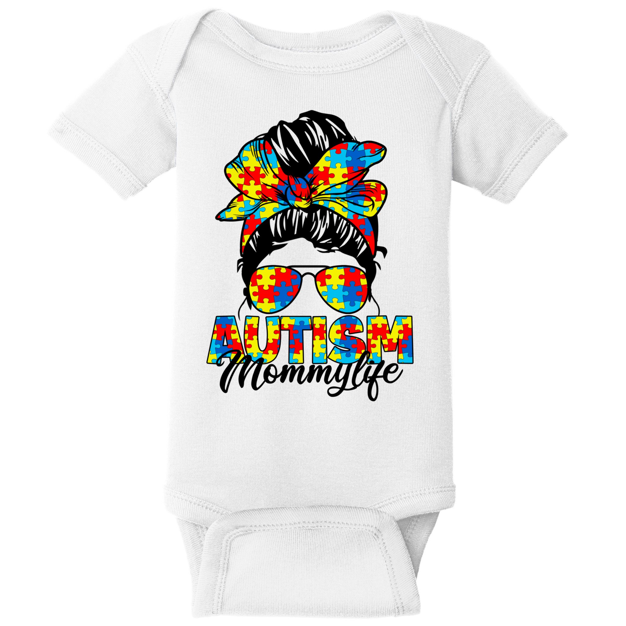 Autism Mommy Messy Bun Sunglasses Bandana Autism Awareness Baby Bodysuit