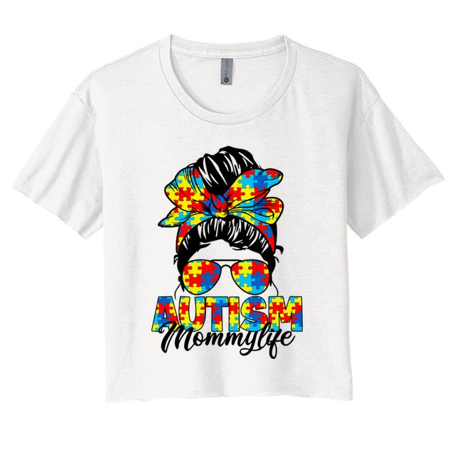 Autism Mommy Messy Bun Sunglasses Bandana Autism Awareness Women's Crop Top Tee