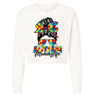 Autism Mommy Messy Bun Sunglasses Bandana Autism Awareness Cropped Pullover Crew