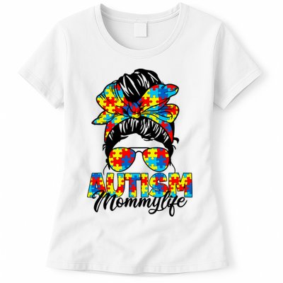Autism Mommy Messy Bun Sunglasses Bandana Autism Awareness Womens T-Shirt