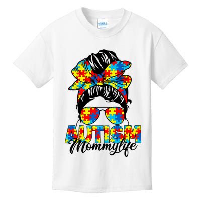 Autism Mommy Messy Bun Sunglasses Bandana Autism Awareness Kids T-Shirt