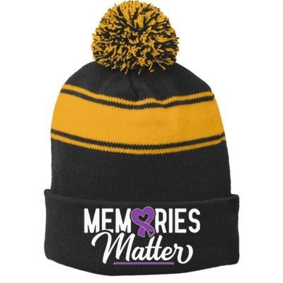 Alzheimer Memories Matter Purple Ribbon Dementia Warrior Stripe Pom Pom Beanie