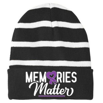 Alzheimer Memories Matter Purple Ribbon Dementia Warrior Striped Beanie with Solid Band