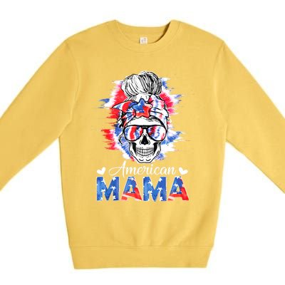 American Mama Messy Bun Skull Tie Dye Patriotic 4th Of July Meaningful Gift Premium Crewneck Sweatshirt