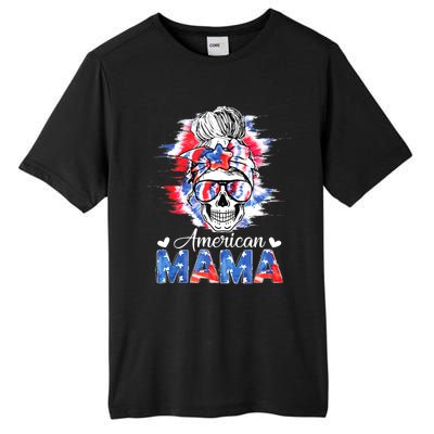 American Mama Messy Bun Skull Tie Dye Patriotic 4th Of July Meaningful Gift Tall Fusion ChromaSoft Performance T-Shirt