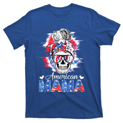 American Mama Messy Bun Skull Tie Dye Patriotic 4th Of July Meaningful Gift T-Shirt