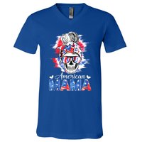 American Mama Messy Bun Skull Tie Dye Patriotic 4th Of July Meaningful Gift V-Neck T-Shirt