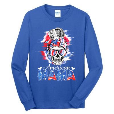 American Mama Messy Bun Skull Tie Dye Patriotic 4th Of July Meaningful Gift Tall Long Sleeve T-Shirt