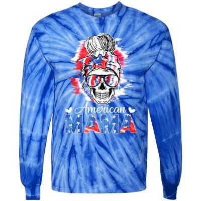 American Mama Messy Bun Skull Tie Dye Patriotic 4th Of July Meaningful Gift Tie-Dye Long Sleeve Shirt