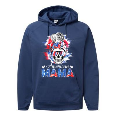 American Mama Messy Bun Skull Tie Dye Patriotic 4th Of July Meaningful Gift Performance Fleece Hoodie