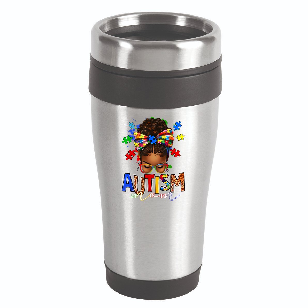 Autism Mom Messy Bun Black Women Autism Awareness Puzzle 16oz Travel Tumbler