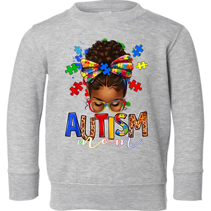 Autism Mom Messy Bun Black Women Autism Awareness Puzzle Toddler Sweatshirt
