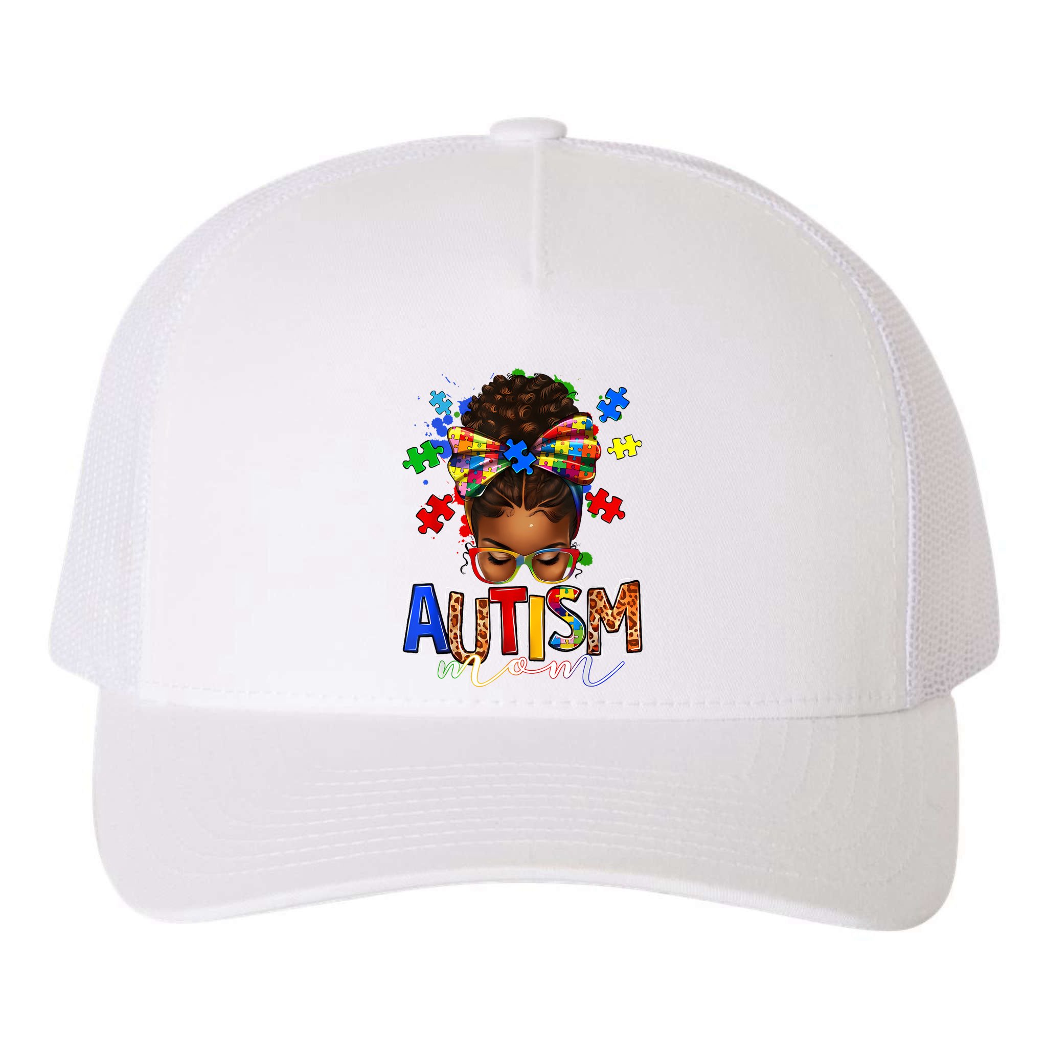 Autism Mom Messy Bun Black Women Autism Awareness Puzzle Yupoong Adult 5-Panel Trucker Hat