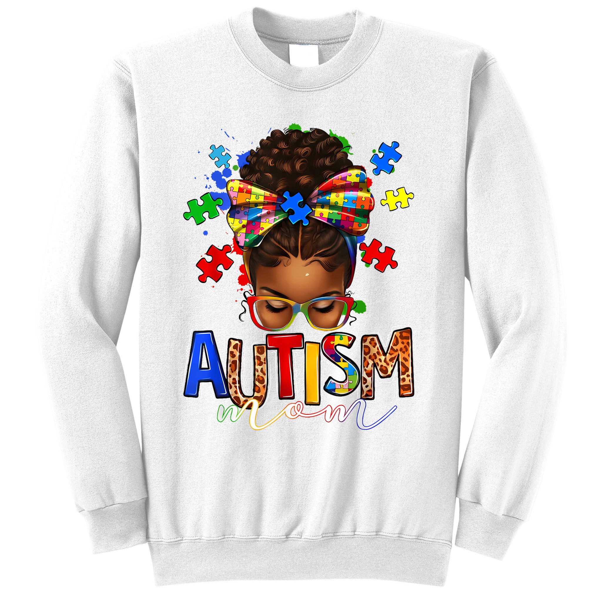 Autism Mom Messy Bun Black Women Autism Awareness Puzzle Sweatshirt