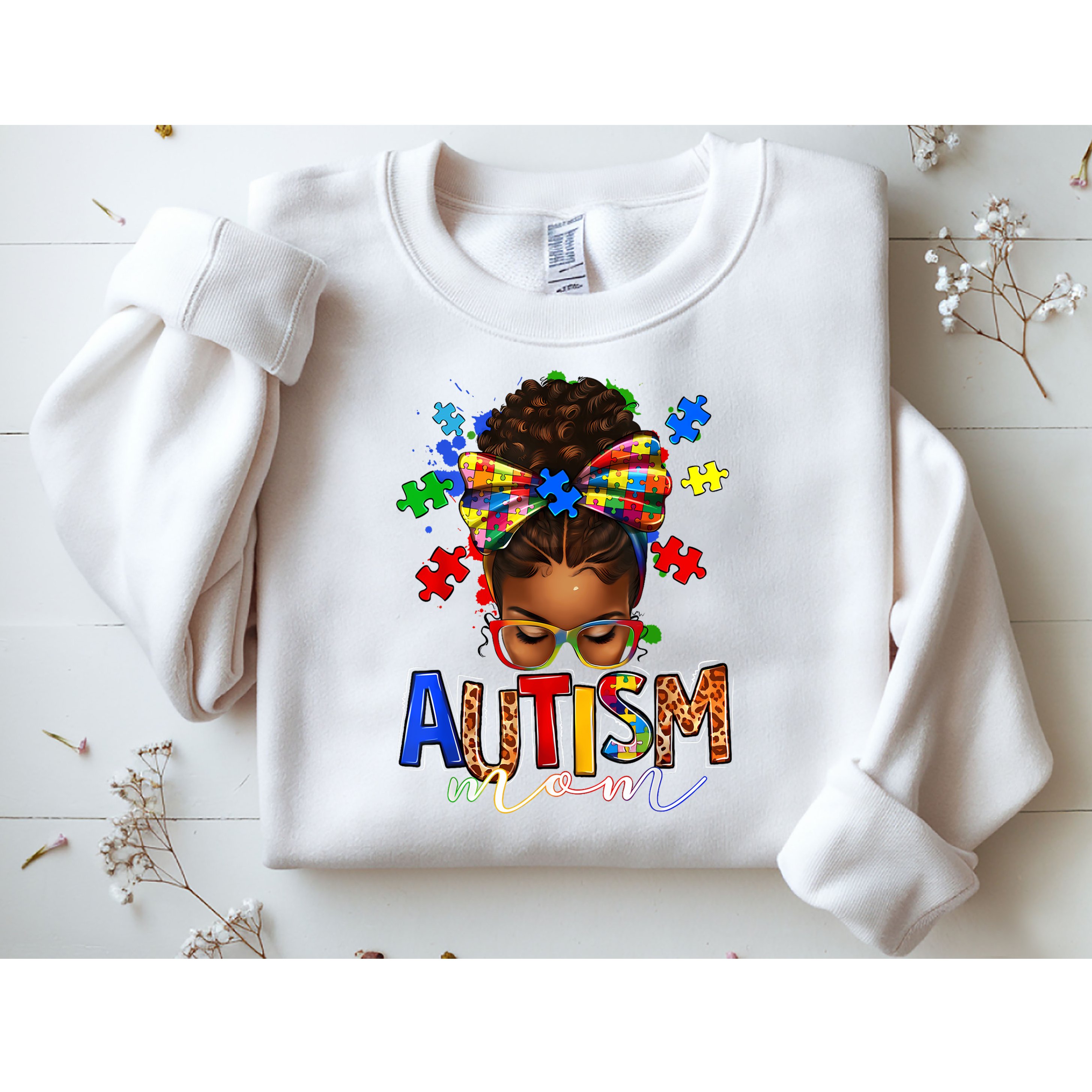 Autism Mom Messy Bun Black Women Autism Awareness Puzzle Sweatshirt
