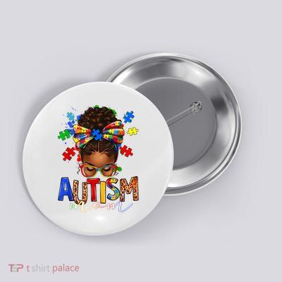 Autism Mom Messy Bun Black Women Autism Awareness Puzzle Button