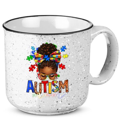 Autism Mom Messy Bun Black Women Autism Awareness Puzzle 15oz Campfire Ceramic Mug