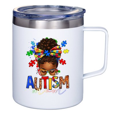 Autism Mom Messy Bun Black Women Autism Awareness Puzzle 12oz Stainless Steel Coffee Mug