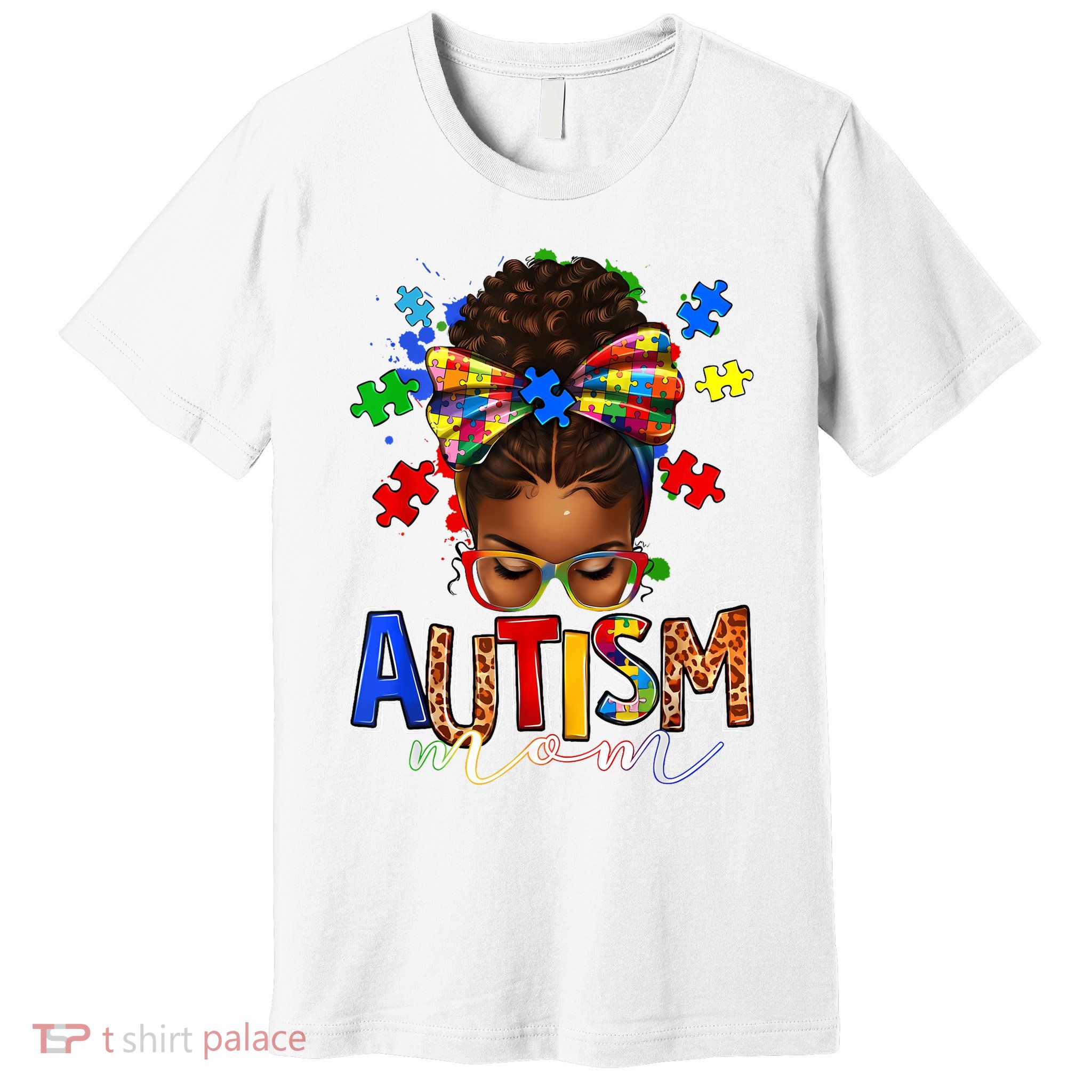 Autism Mom Messy Bun Black Women Autism Awareness Puzzle Premium T-Shirt