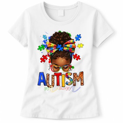 Autism Mom Messy Bun Black Women Autism Awareness Puzzle Womens T-Shirt