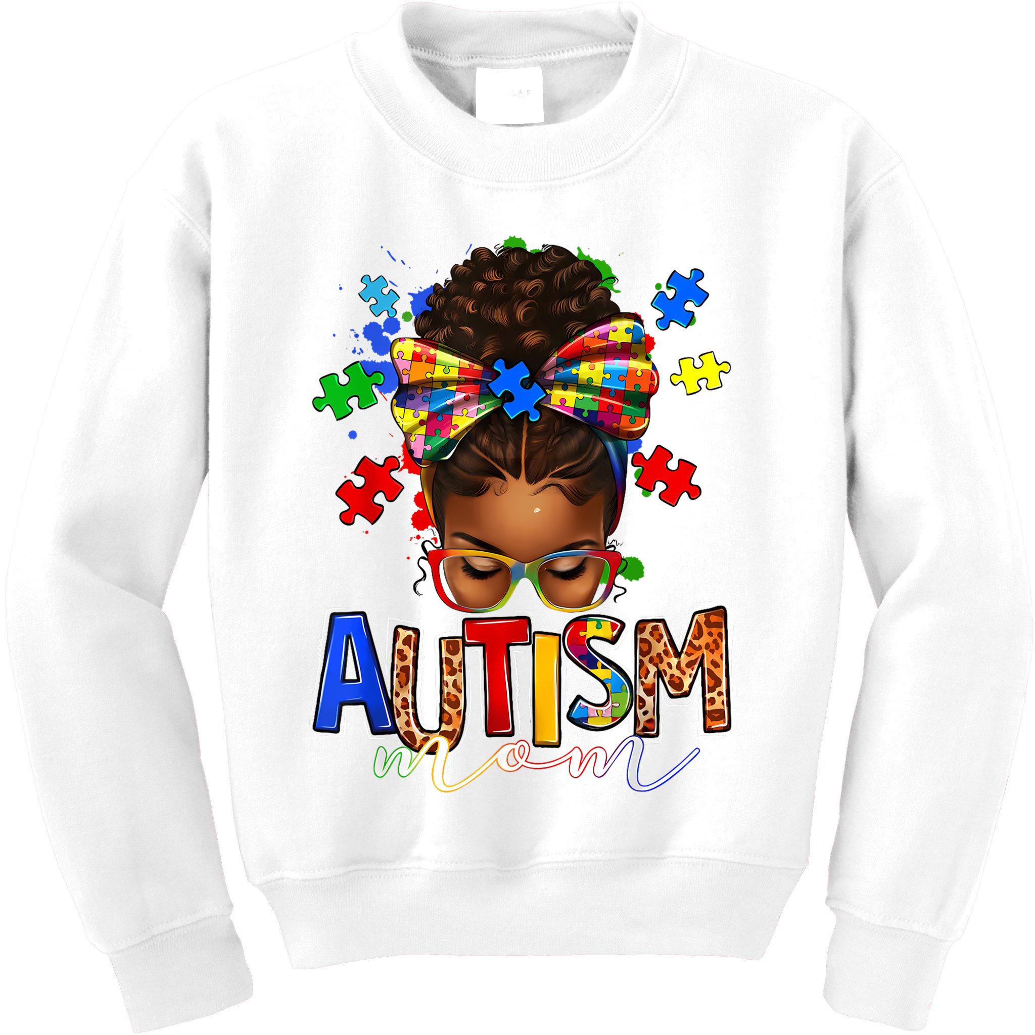 Autism Mom Messy Bun Black Women Autism Awareness Puzzle Kids Sweatshirt