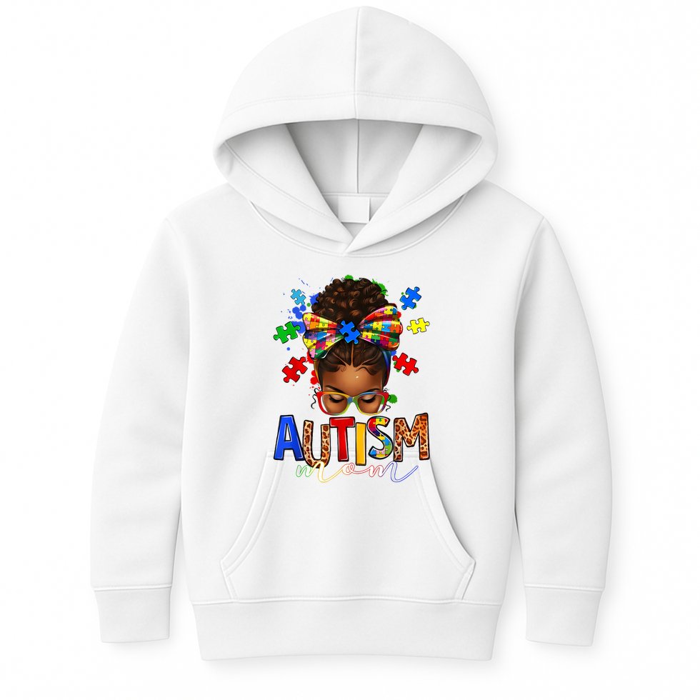 Autism Mom Messy Bun Black Women Autism Awareness Puzzle Kids Hoodie