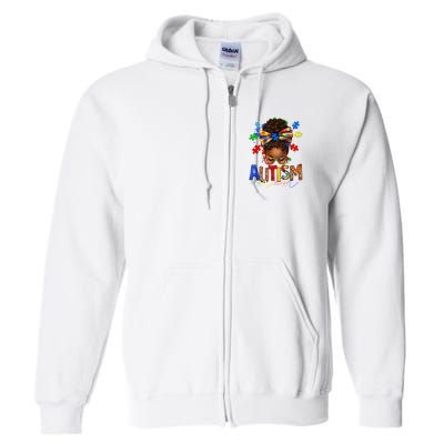 Autism Mom Messy Bun Black Women Autism Awareness Puzzle Full Zip Hoodie
