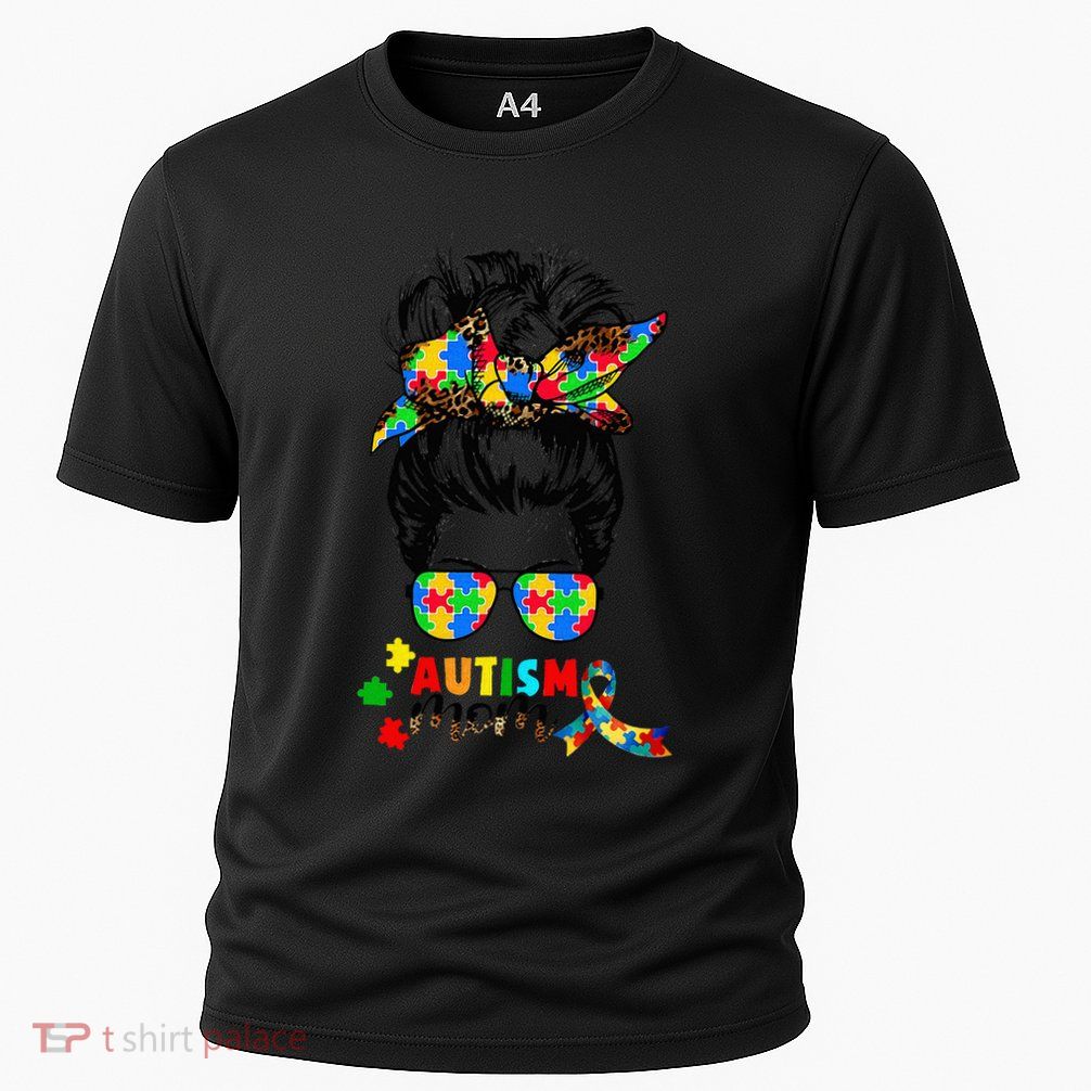 Autism Mom Messy Bun  Autism Awareness Puzzle Ribbon Performance Shirt
