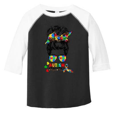 Autism Mom Messy Bun  Autism Awareness Puzzle Ribbon Toddler Fine Jersey T-Shirt