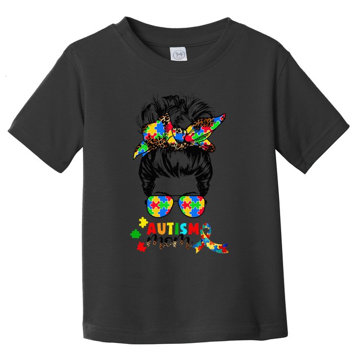 Autism Mom Messy Bun  Autism Awareness Puzzle Ribbon Toddler T-Shirt