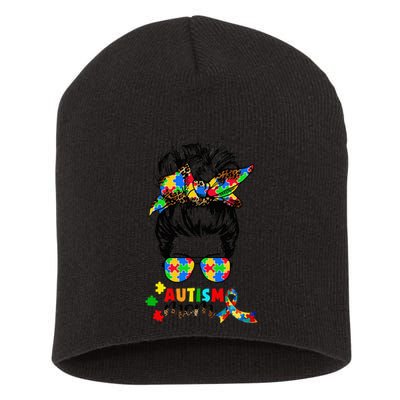 Autism Mom Messy Bun  Autism Awareness Puzzle Ribbon Short Acrylic Beanie