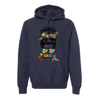 Autism Mom Messy Bun Women Autism Awareness Puzzle Ribbon Premium Hoodie