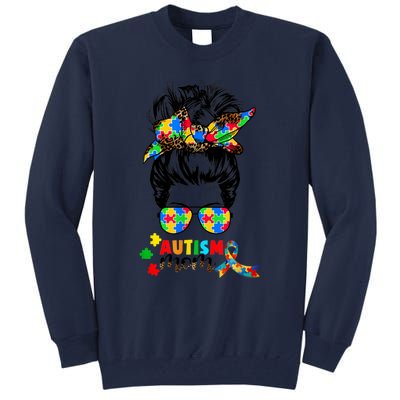 Autism Mom Messy Bun Women Autism Awareness Puzzle Ribbon Tall Sweatshirt