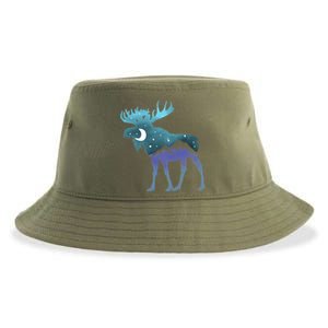 Artistic Moose Night Sky Moon And Stars Retro Graphic Funny Gift Sustainable Bucket Hat