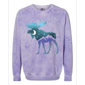 Artistic Moose Night Sky Moon And Stars Retro Graphic Cute Gift Colorblast Crewneck Sweatshirt