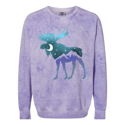 Artistic Moose Night Sky Moon And Stars Retro Graphic Cute Gift Colorblast Crewneck Sweatshirt