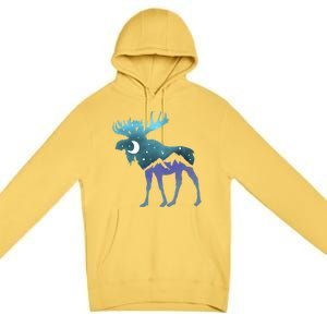 Artistic Moose Night Sky Moon And Stars Retro Graphic Cute Gift Premium Pullover Hoodie