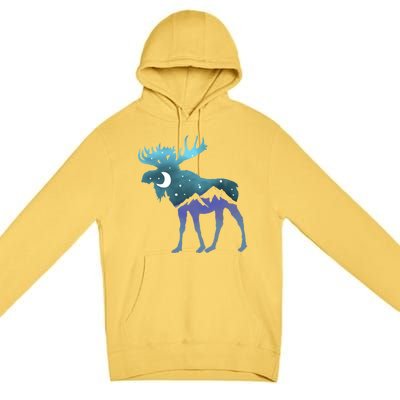 Artistic Moose Night Sky Moon And Stars Retro Graphic Cute Gift Premium Pullover Hoodie