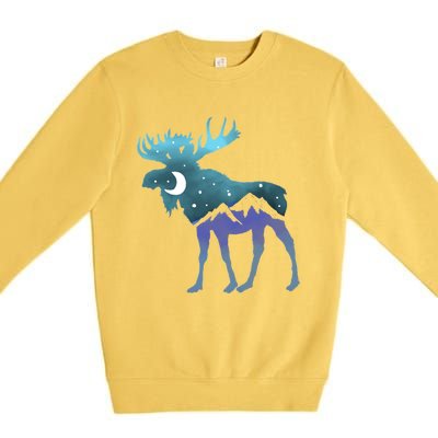 Artistic Moose Night Sky Moon And Stars Retro Graphic Cute Gift Premium Crewneck Sweatshirt