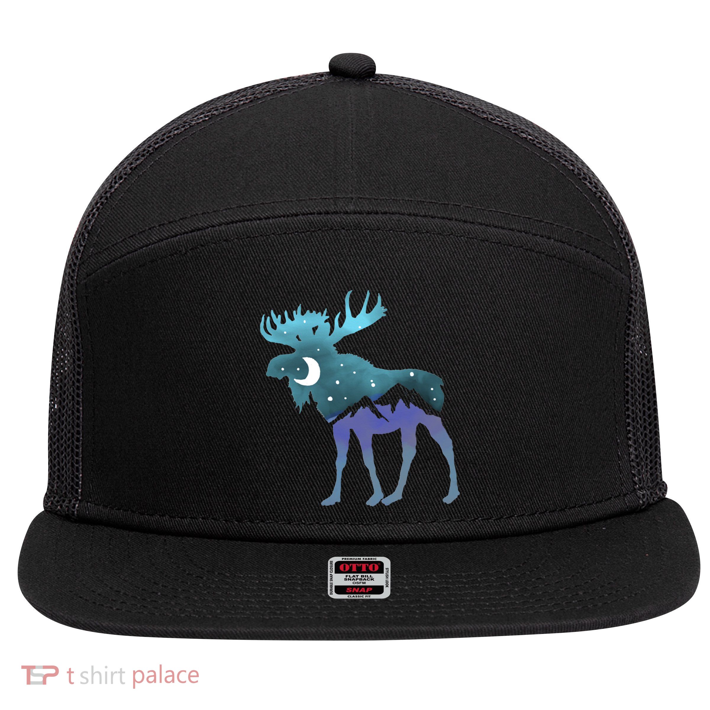 Artistic Moose Night Sky Moon And Stars Retro Graphic Cute Gift 7 Panel Mesh Trucker Snapback Hat