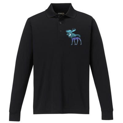 Artistic Moose Night Sky Moon And Stars Retro Graphic Cute Gift Performance Long Sleeve Polo