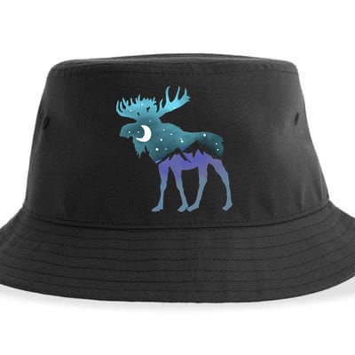 Artistic Moose Night Sky Moon And Stars Retro Graphic Cute Gift Sustainable Bucket Hat