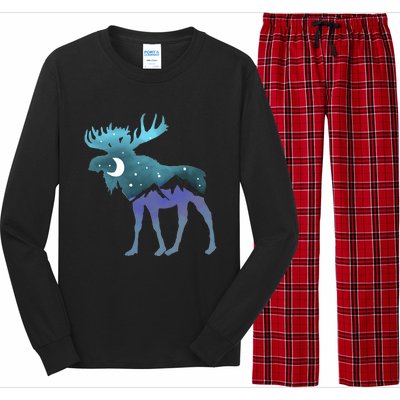 Artistic Moose Night Sky Moon And Stars Retro Graphic Cute Gift Long Sleeve Pajama Set