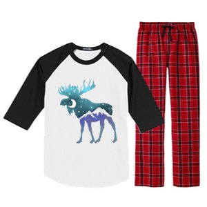 Artistic Moose Night Sky Moon And Stars Retro Graphic Cute Gift Raglan Sleeve Pajama Set